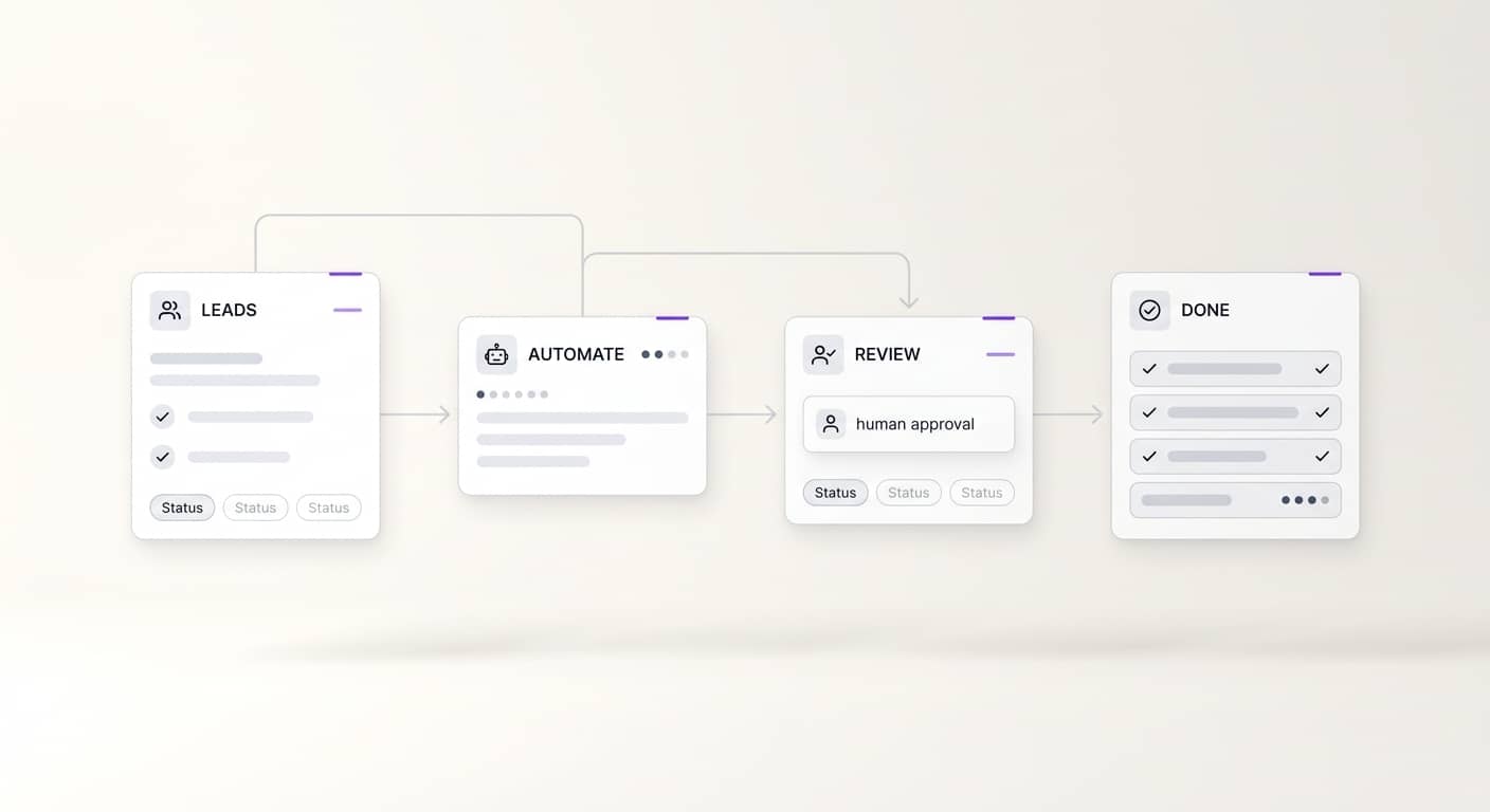 Light-mode workflow showing leads moving through automation, human review, and completed tasks