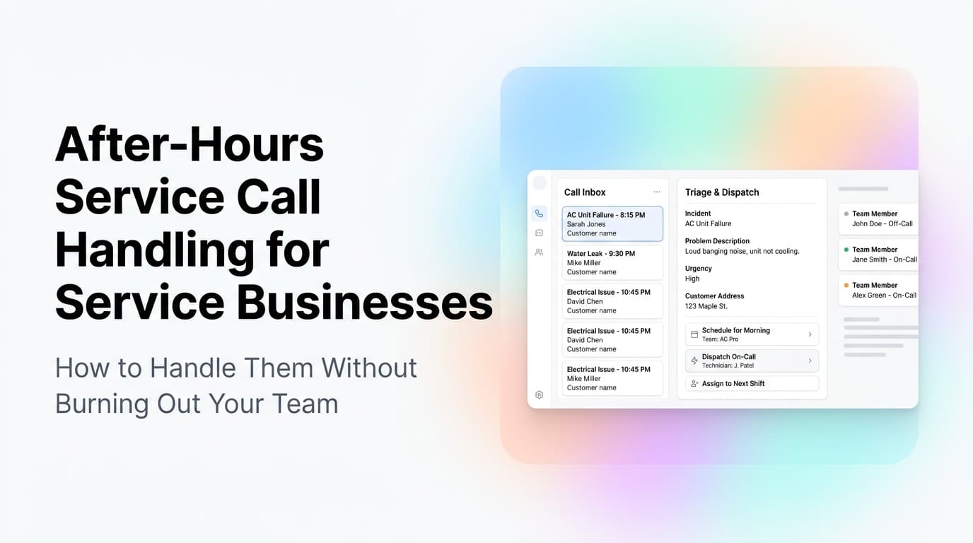 After-hours service call automation dashboard showing call routing, AI triage, and dispatch workflow