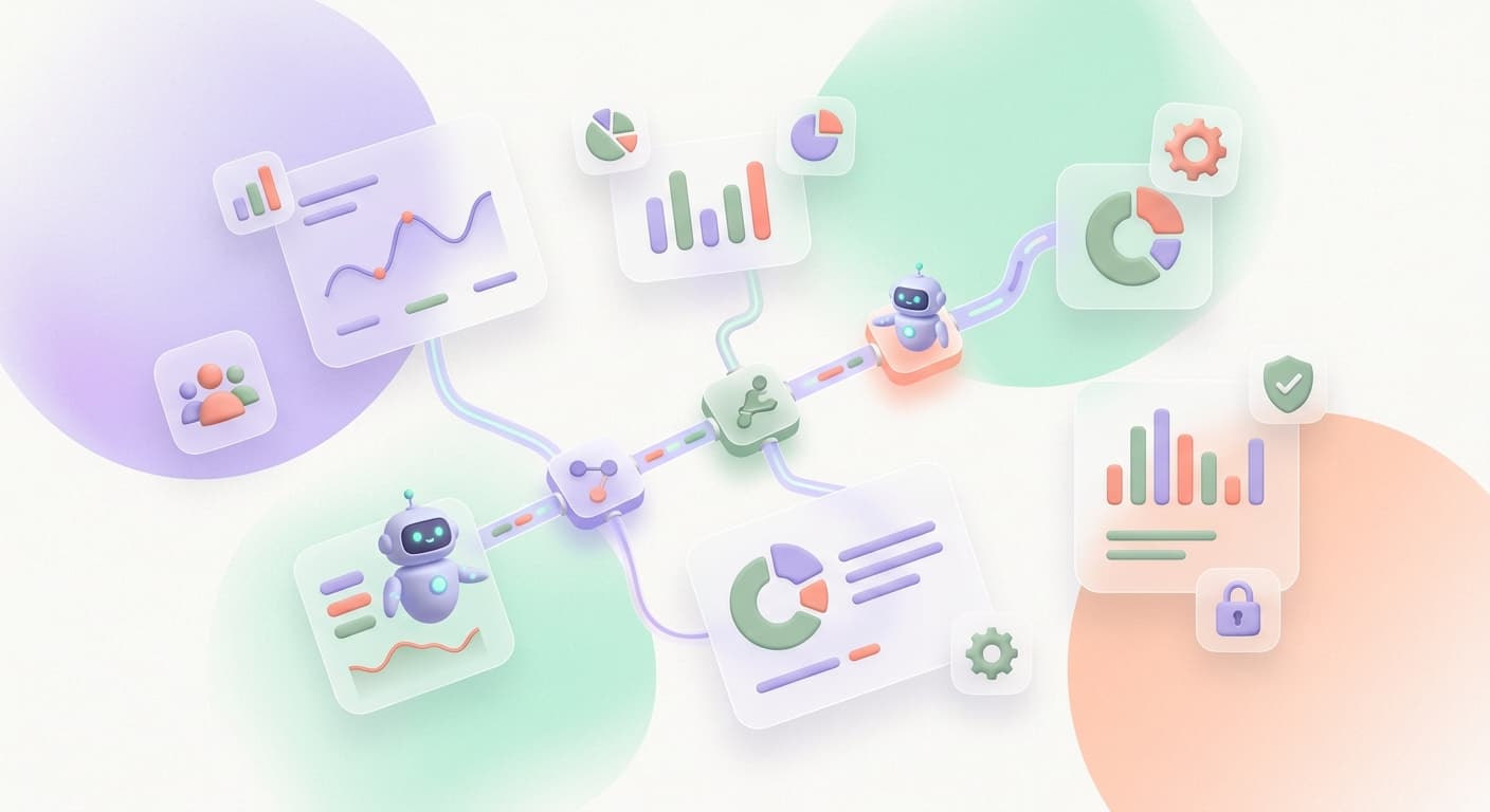 Connected workflow nodes with AI agents processing data through automated pipelines