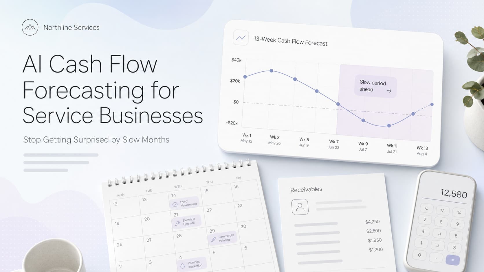 Light-mode SaaS dashboard mockup showing a 13-week cash flow forecast with cash on hand, expected receivables, scheduled payouts, and a projected dip highlighted