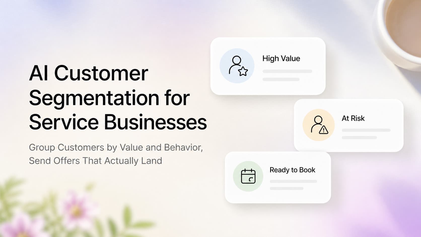 Light-mode SaaS mockup of a service business CRM customer segmentation grid with 8 segment tiles, RFM score bars, and a per-segment offer suggestion panel