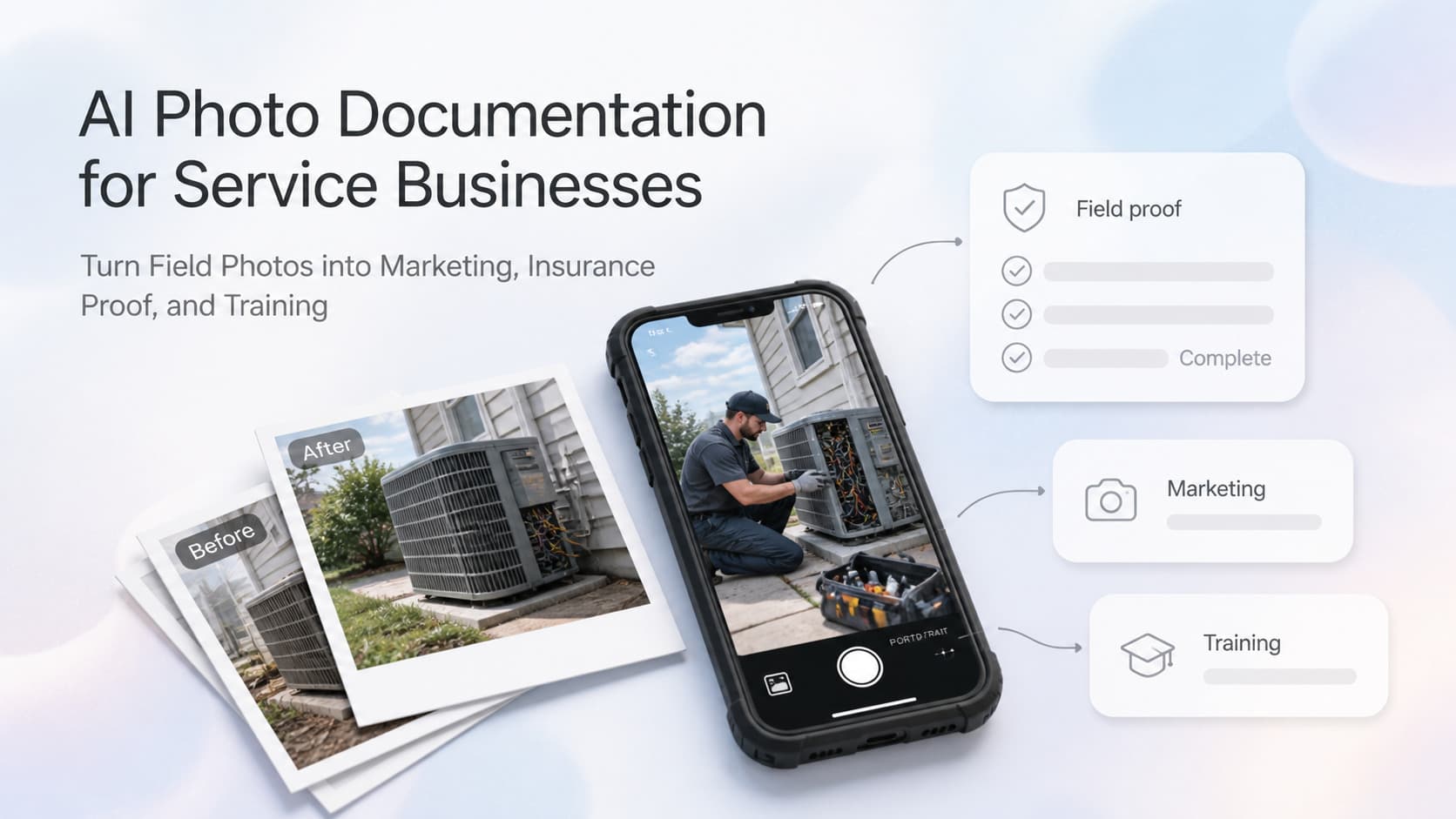 Light-mode SaaS mockup of a service business photo pipeline: tech uploads job photos from a phone, AI tags and describes them, then routes them to marketing, insurance, and training folders