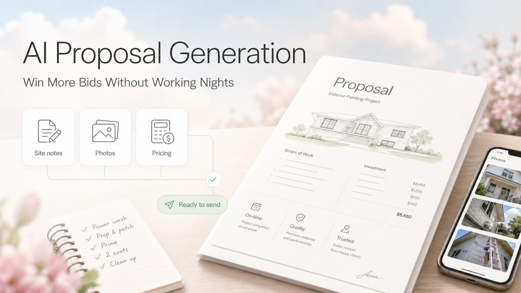 A clean proposal document generated by AI showing line items, pricing tiers, and a digital signature block on a soft gradient background