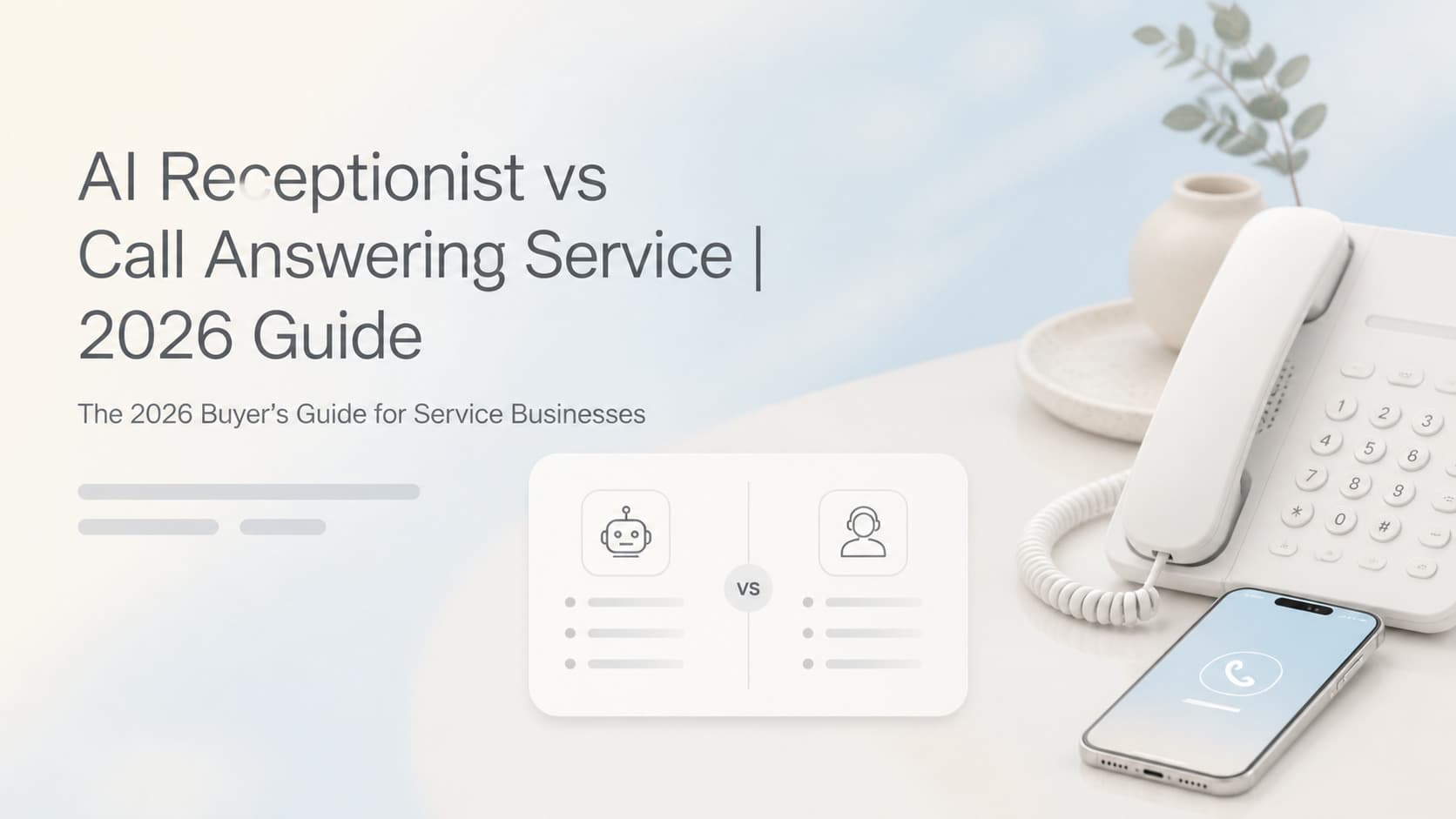 Light-mode SaaS comparison infographic: AI receptionist on one side, human call answering service on the other, with pricing, coverage, and after-hours handling