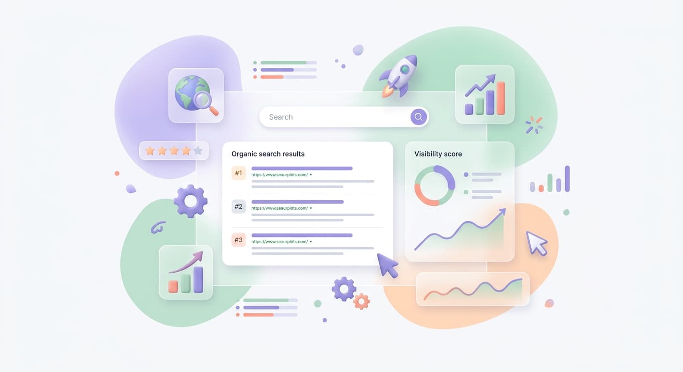 Abstract visualization of a business website, product data, and analytics flowing into AI search and discovery systems