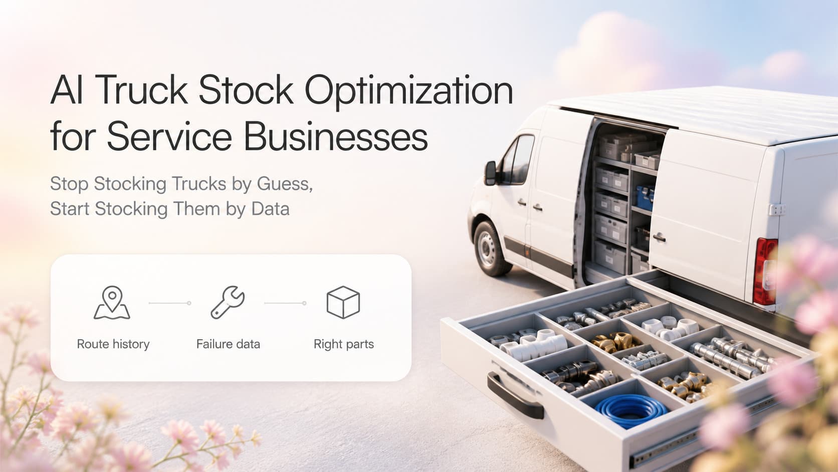 Light-mode SaaS dashboard for AI truck stock optimization showing per-truck parts probability scores, route history heatmap, and recommended load-out lists