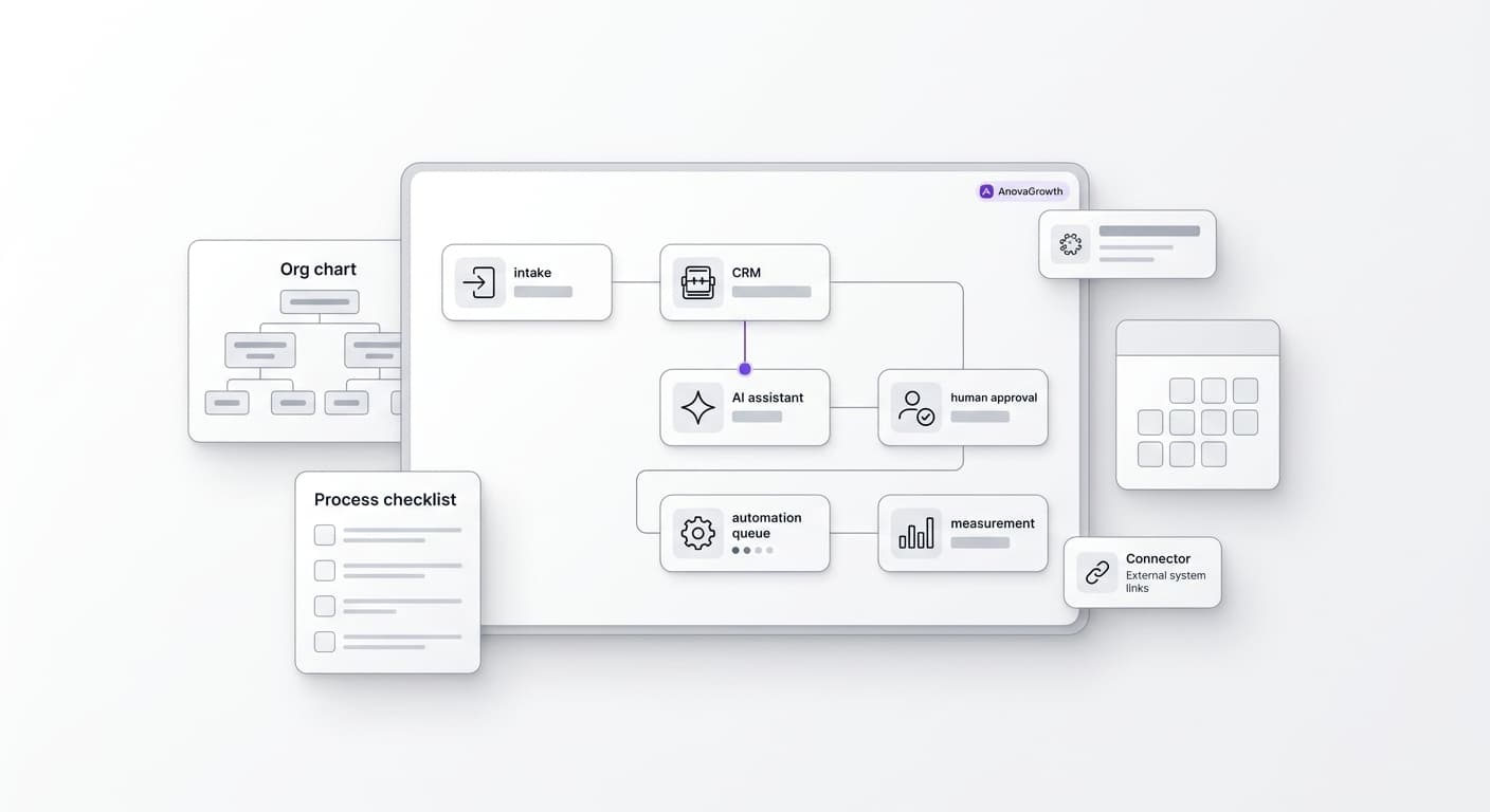 Clean workflow dashboard showing AI implementation roles, approvals, and business systems connected together