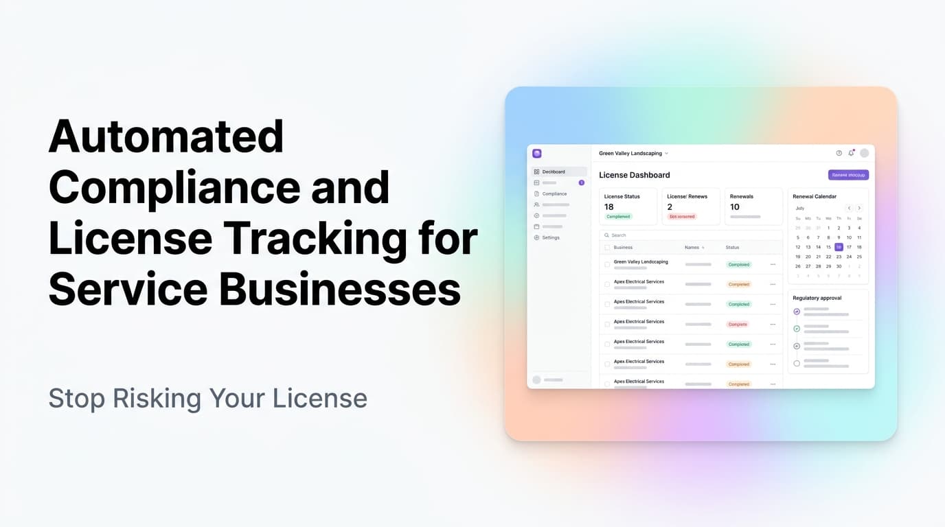 Dashboard showing license renewal dates, compliance status, and certification tracking for a service business