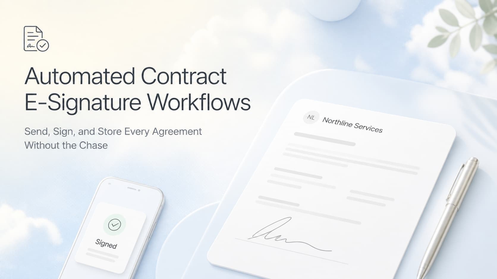 Light-mode SaaS interface mockup showing a service contract template with customer details auto-filled, e-signature blocks, and a signed status timeline