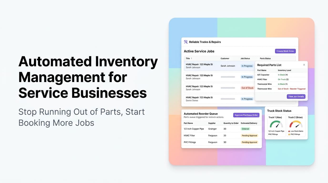 Inventory management dashboard showing stock levels, reorder alerts, and parts tracking for a service business