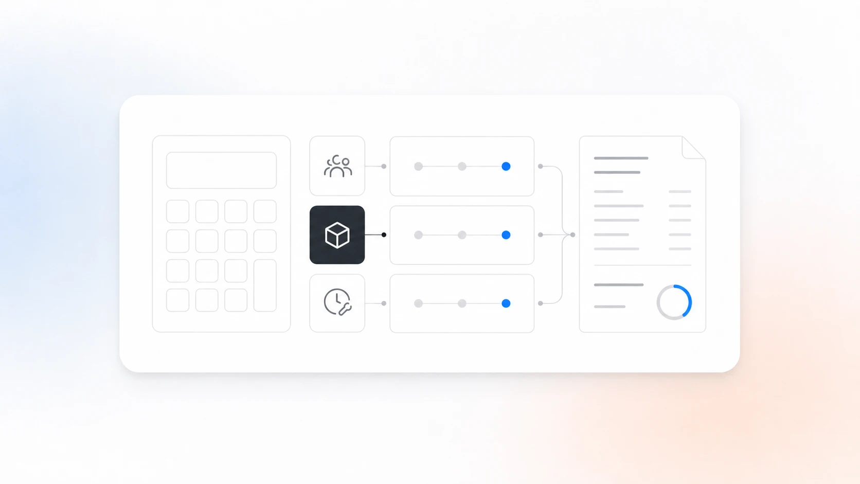 Text-free editorial illustration of labor, materials, and time inputs flowing into a job cost estimate