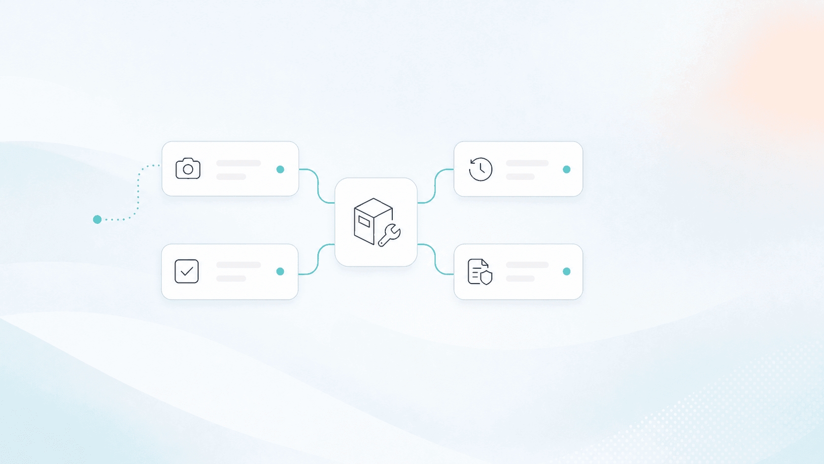Equipment service record connected to photo, checklist, history, and warranty documentation modules