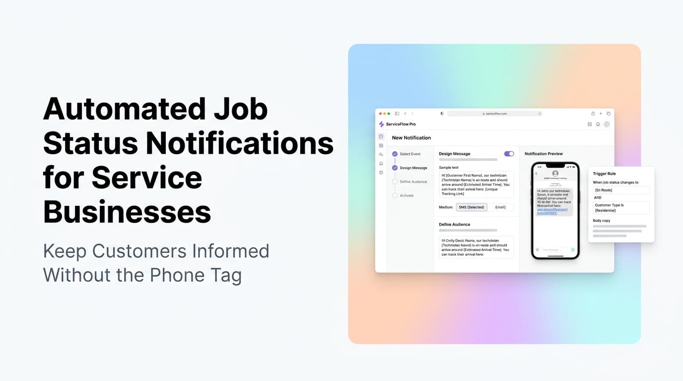 Smartphone showing automated job status notification for a service business dispatch