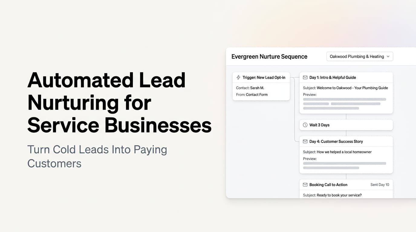 Lead nurturing automation dashboard showing email sequences, SMS follow-ups, and CRM pipeline stages for a service business