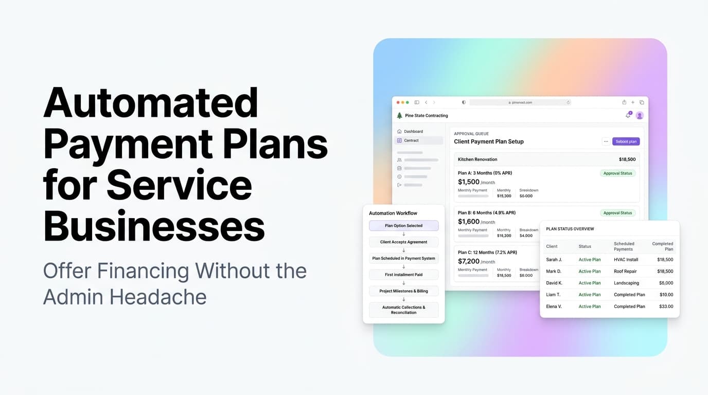 Dashboard showing automated payment plan management for a service business