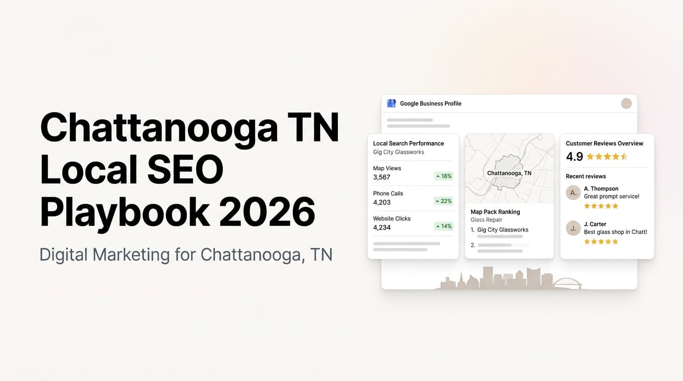 Chattanooga TN skyline illustration with local SEO map markers and search results