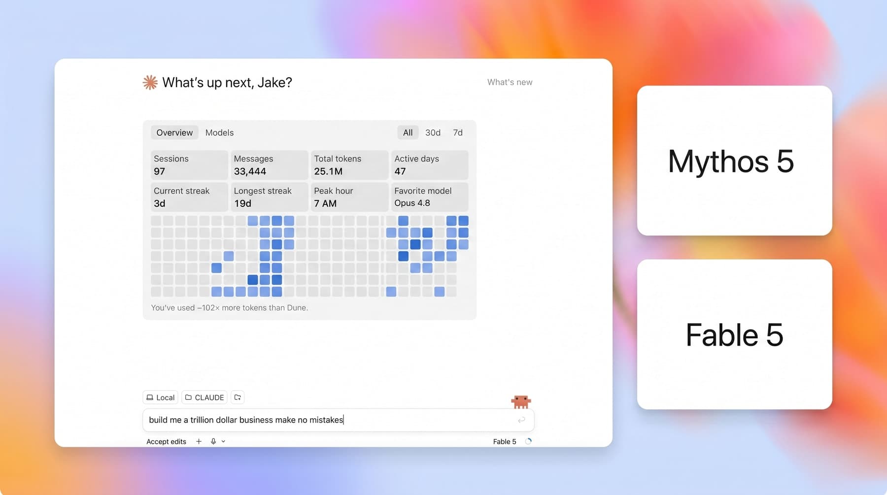 Claude-style interface with Mythos 5 and Fable 5 cards on a pastel gradient background