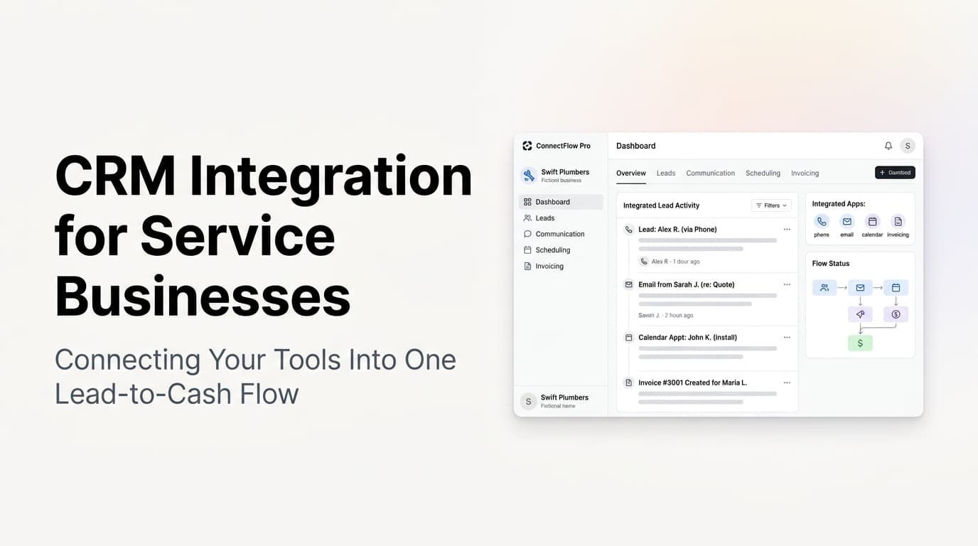 Clean SaaS-style mockup showing a CRM dashboard connected to phone, email, calendar, and invoicing tools in a unified workflow interface
