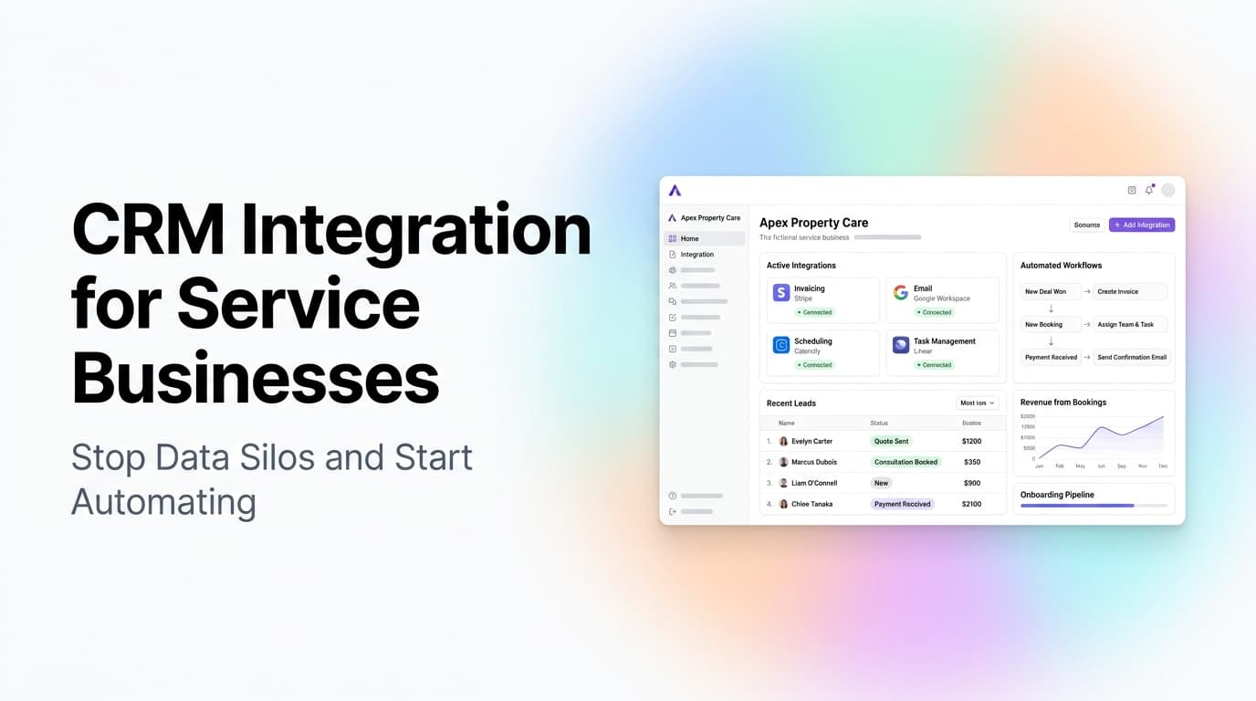 Connected CRM system showing integrations with email, calendar, invoicing, and scheduling tools