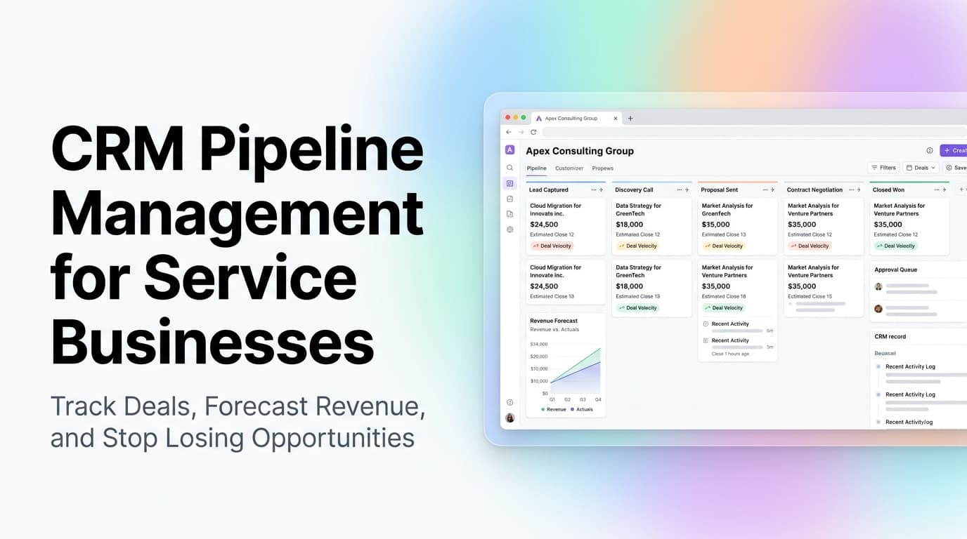 CRM pipeline dashboard showing deal stages, conversion rates, and revenue forecast for a service business