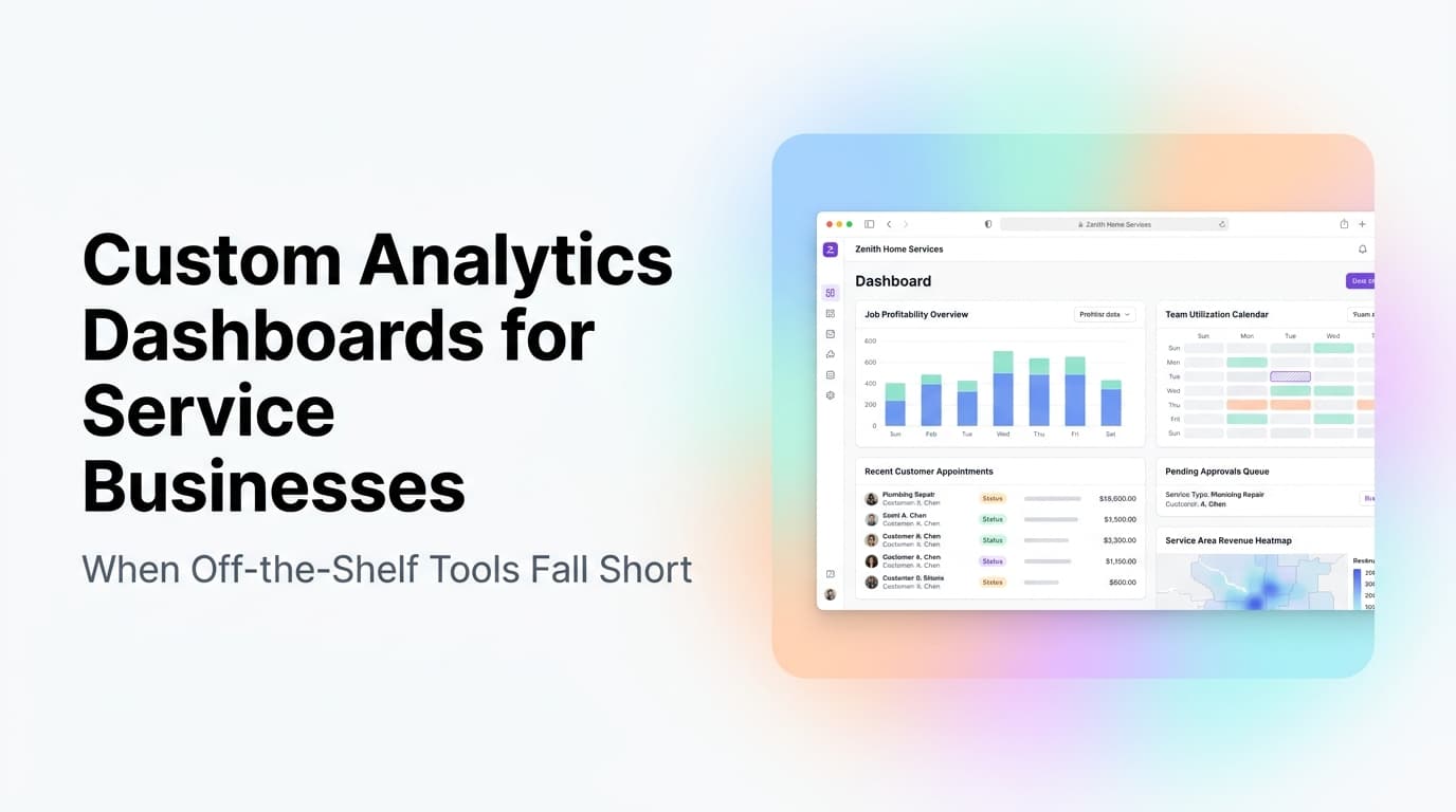 Custom analytics dashboard showing service business metrics across CRM, scheduling, and accounting data sources