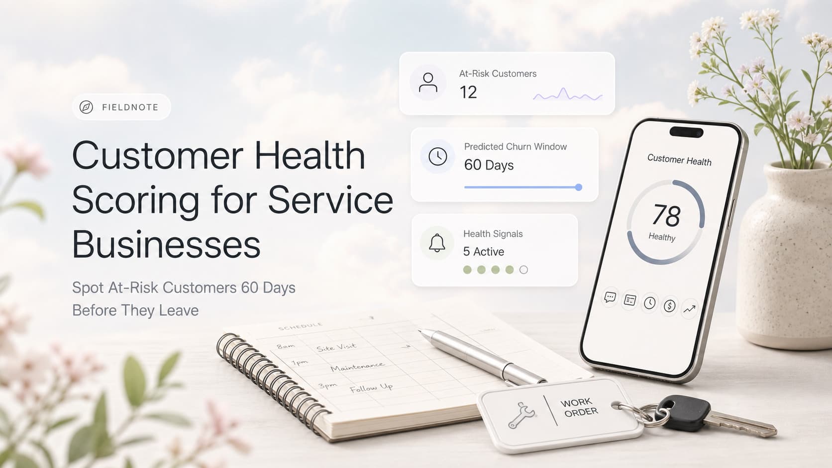 Light-mode SaaS dashboard mockup showing a customer health score column with red, yellow, and green segment pills, last service date, and at-risk flag for a service business
