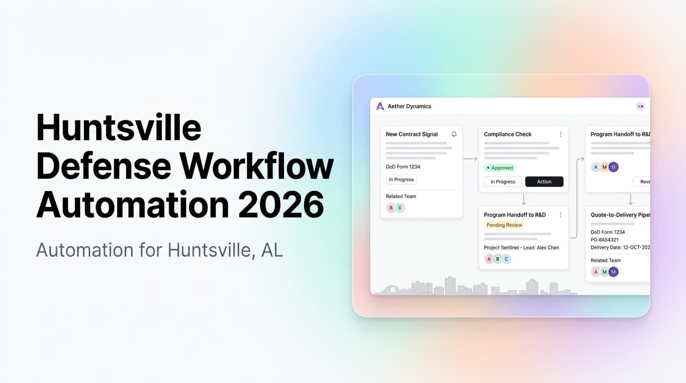 Huntsville defense operations dashboard showing contract workflows, compliance milestones, and engineering handoffs