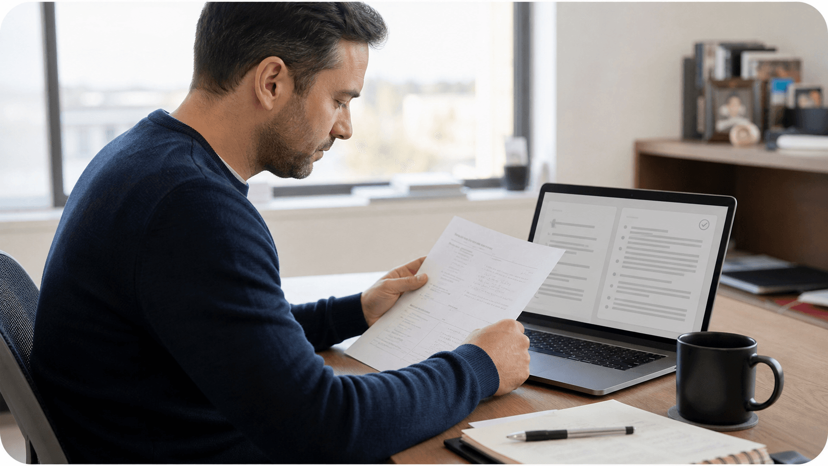 A professional reviewing research notes and outreach drafts before approval