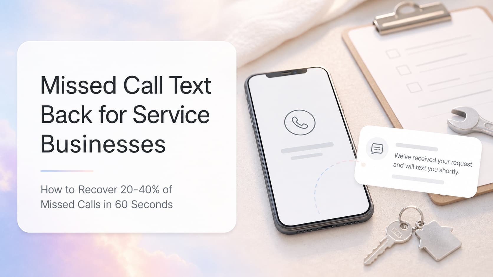 Smartphone showing an automatic text-back reply sent after a missed call from a service business