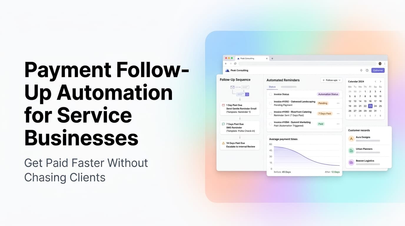 Payment follow-up automation dashboard showing invoice reminders, payment collection status, and receivables aging for a service business