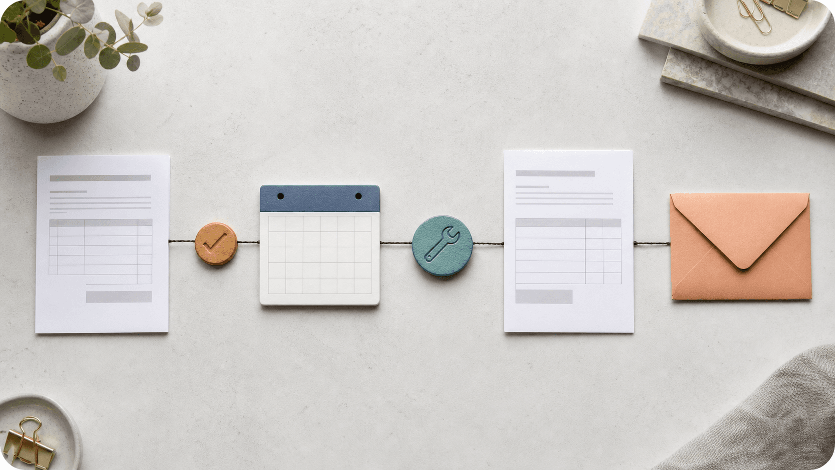 Estimate, approval, scheduling, completion, and payment stages connected in one workflow