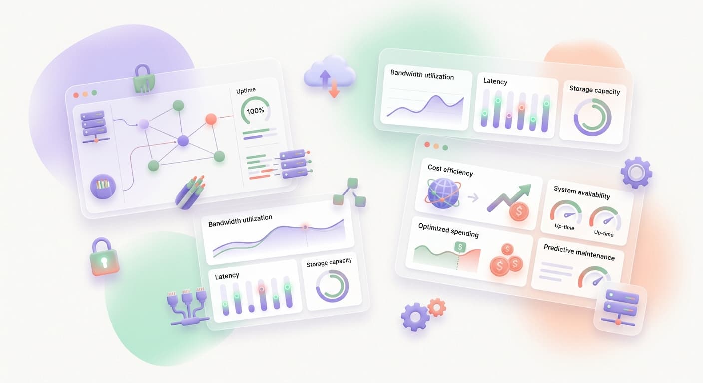 Data center server racks with glowing activity LEDs and data flow visualization