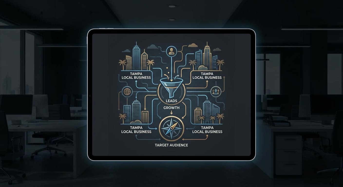 Tampa Bay waterfront with modern business district illustration representing local lead generation