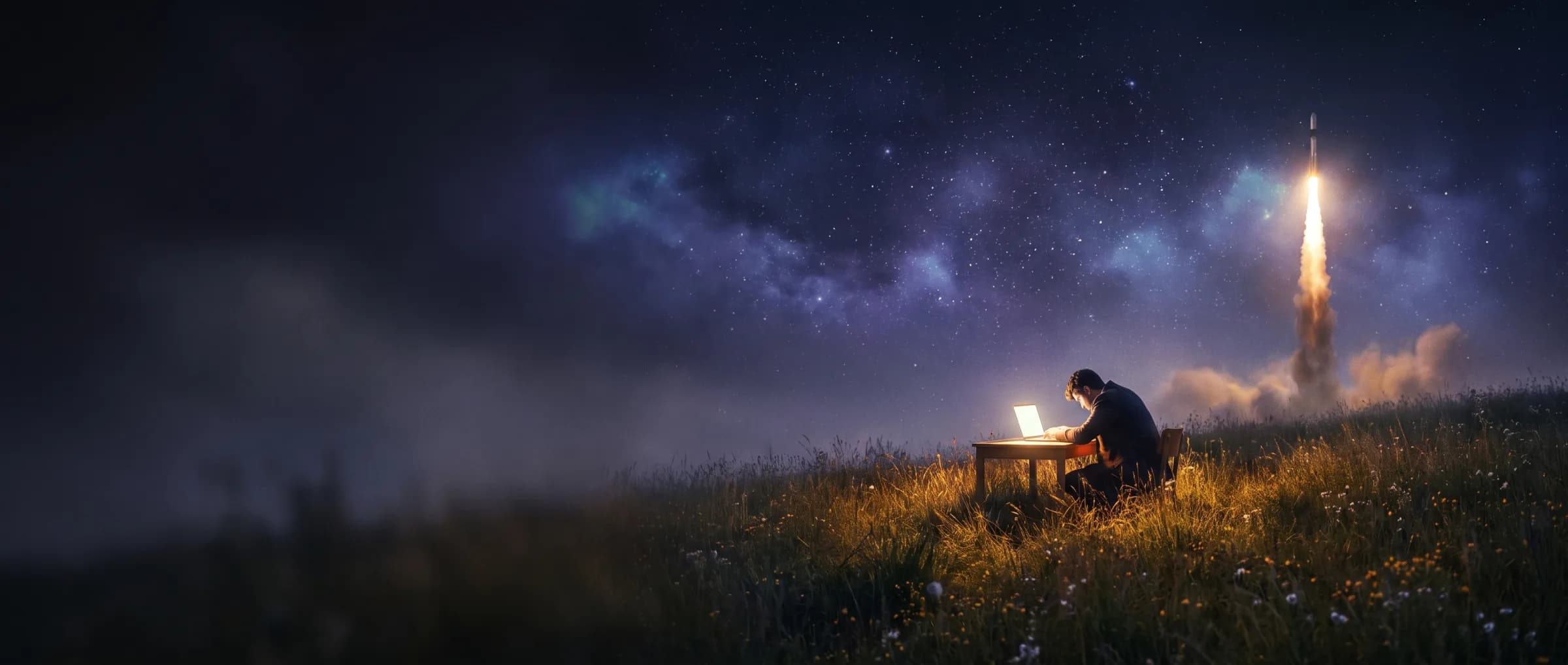 A founder working late at a small desk on a starry hillside as a rocket launches in the distance, symbolizing steady focused work paying off