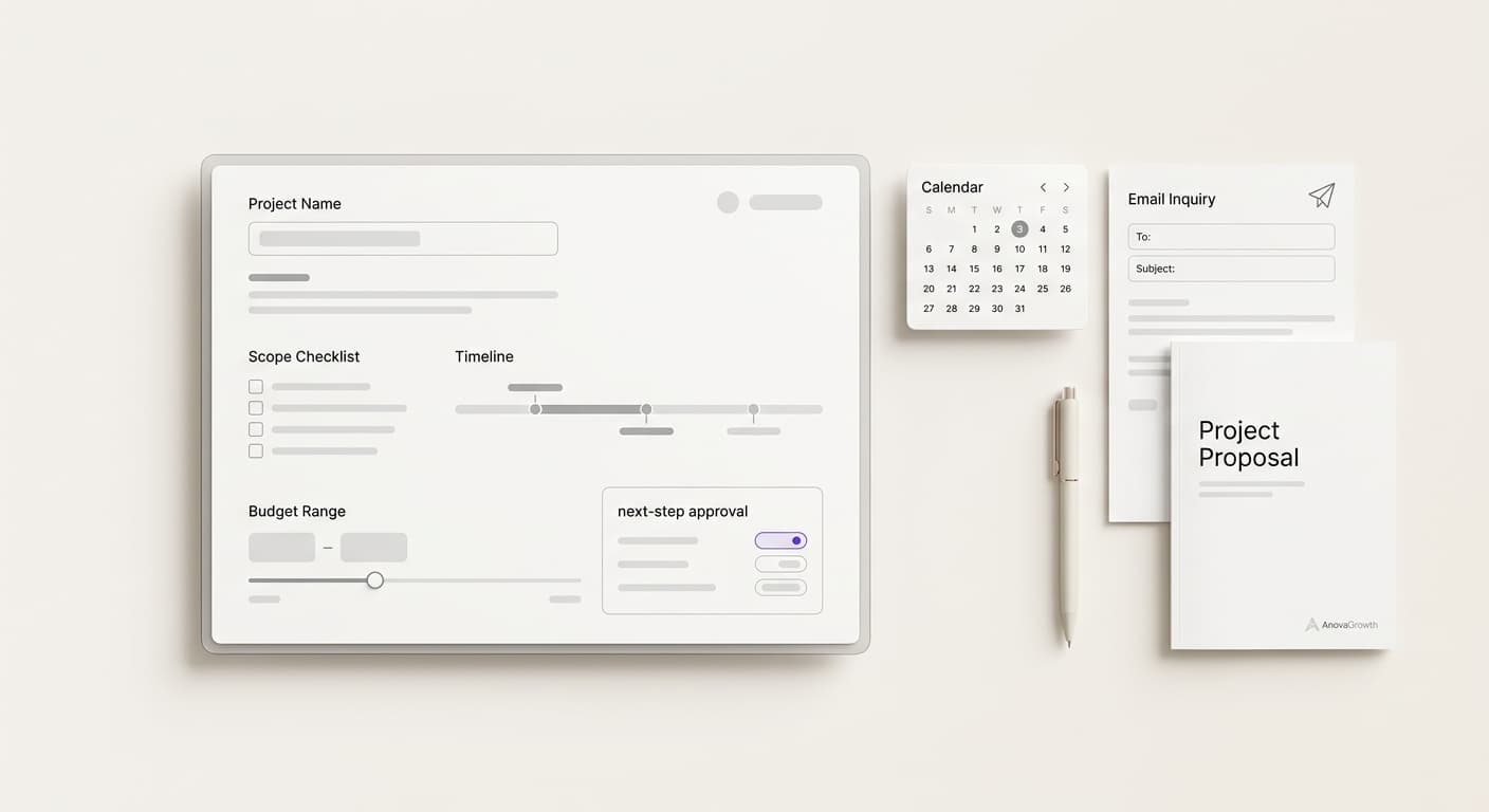 Light-mode project intake workflow showing an inquiry, scope checklist, timeline, budget range, and proposal document