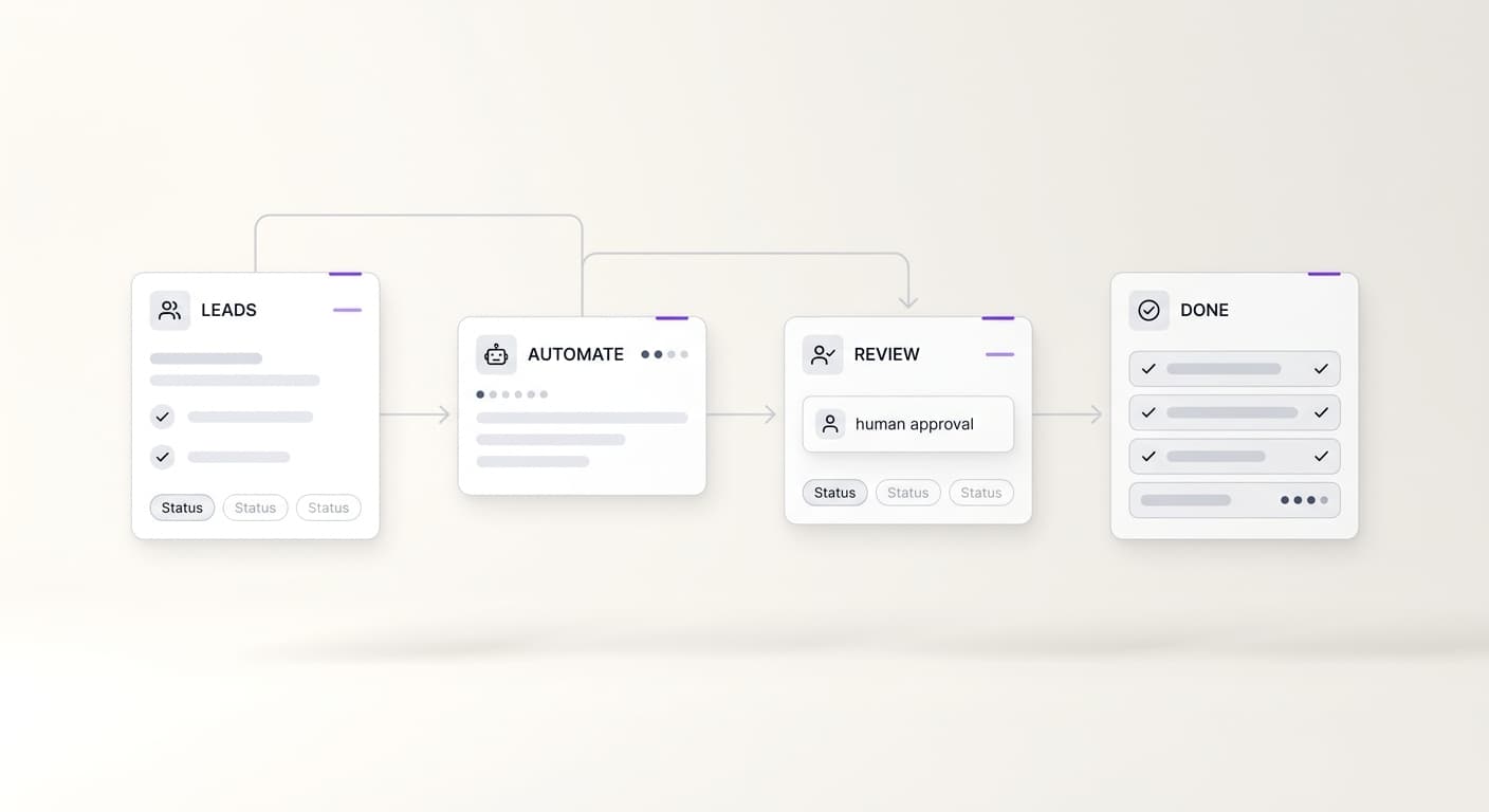 Light-mode workflow showing leads moving through automation, human review, and completed tasks