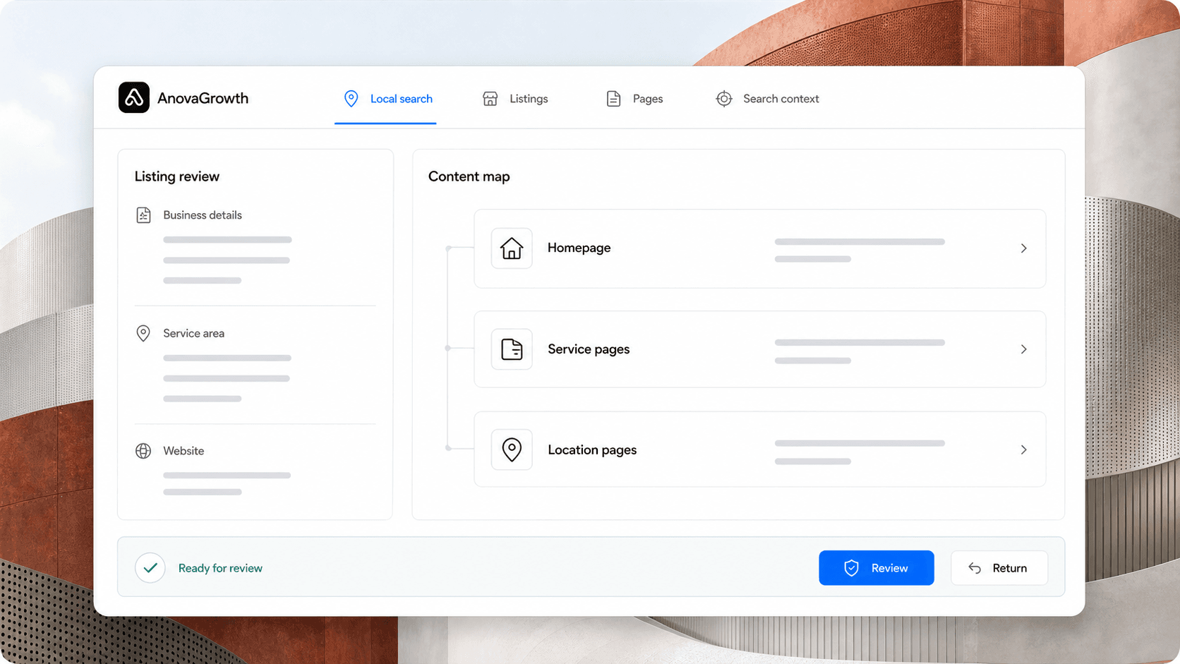 AnovaGrowth local search workspace with listing review, page structure, and human review