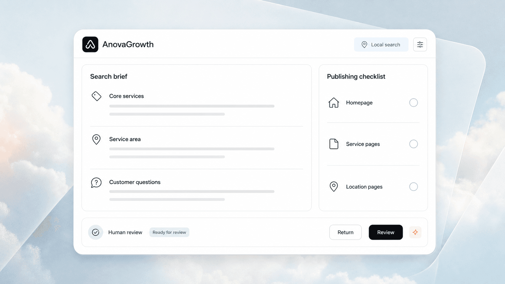 AnovaGrowth local search brief with page planning, publishing checks, and human review