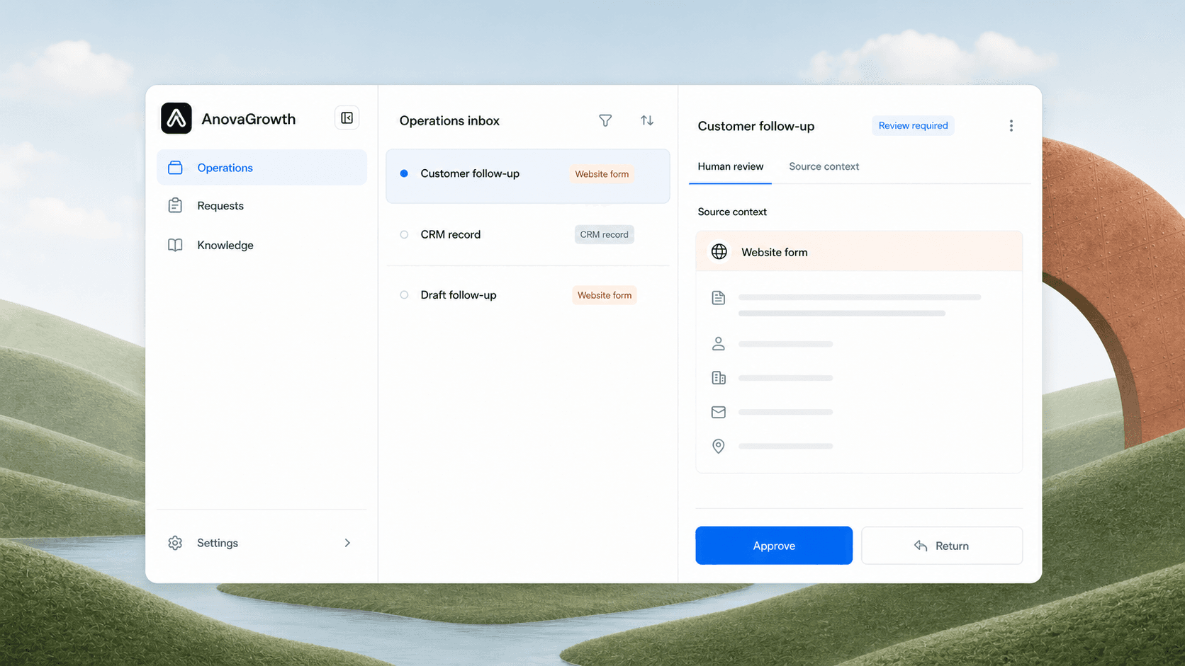 AnovaGrowth operations inbox with customer follow-up, source context, and human review