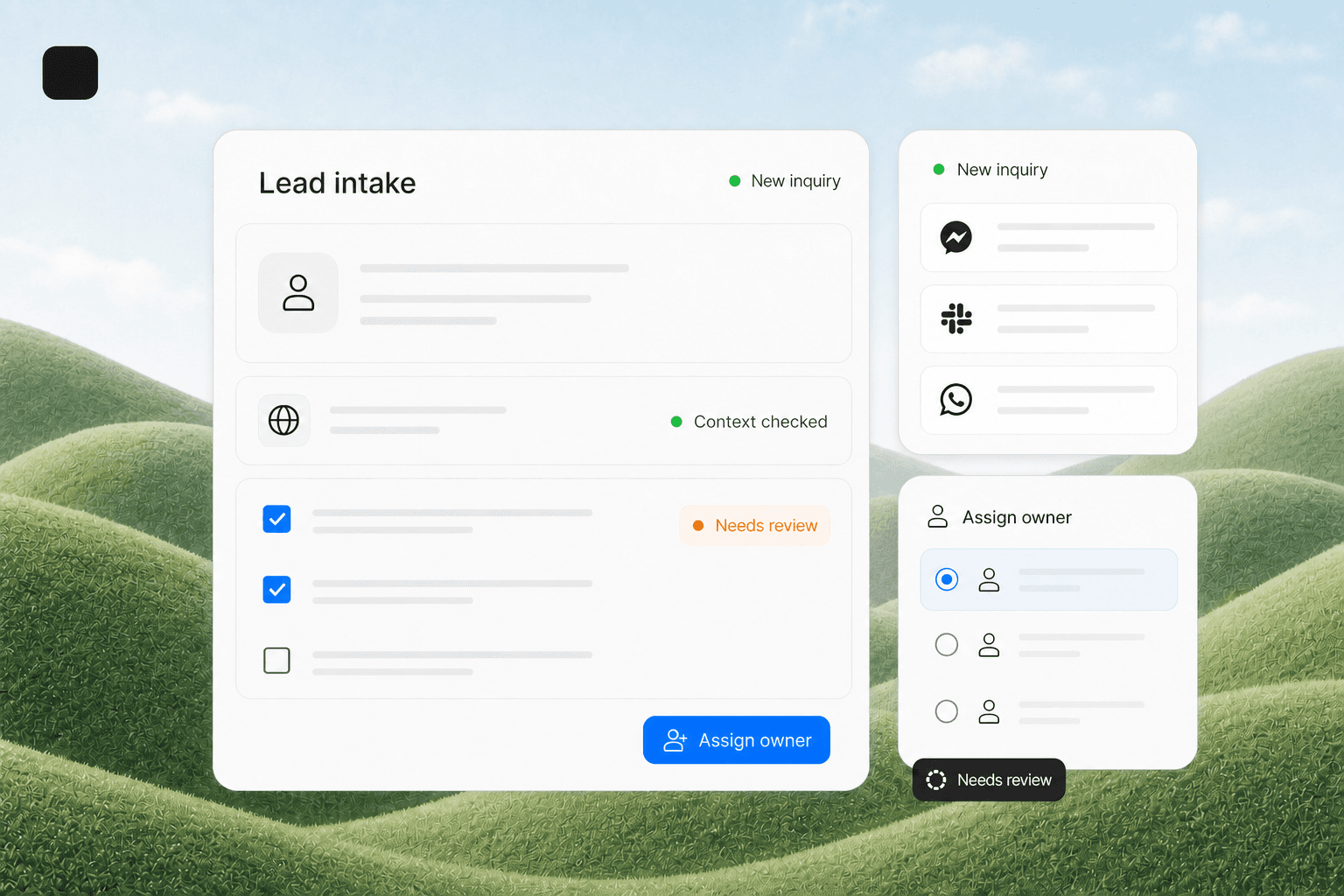 AnovaGrowth lead intake workspace showing a new inquiry, context review, and owner assignment