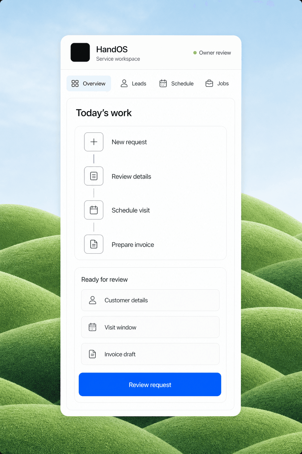 HandOS service workspace moving a new request through review, scheduling, and invoice preparation before owner review