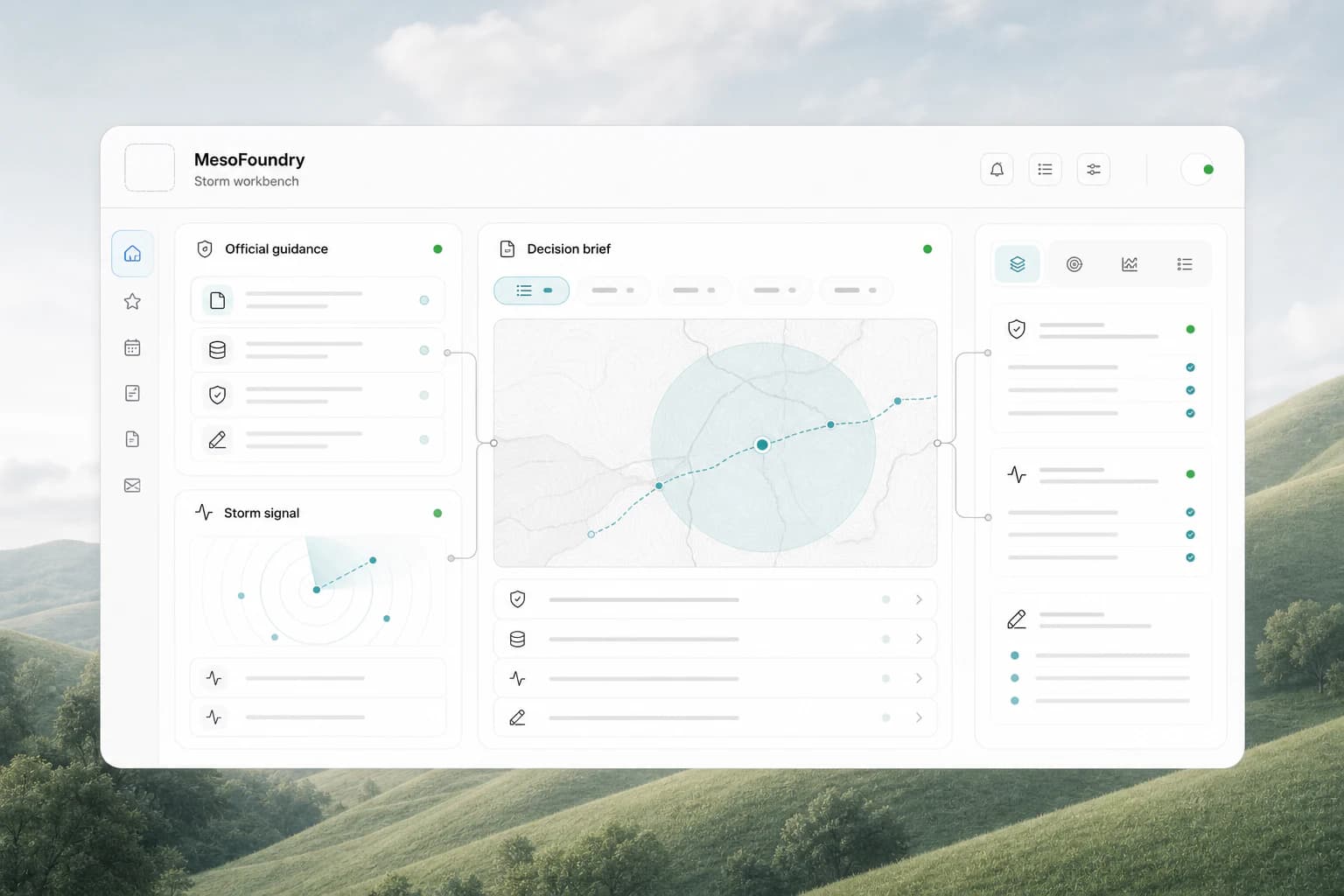 MesoFoundry storm workbench connecting official guidance, storm signal, and a decision brief