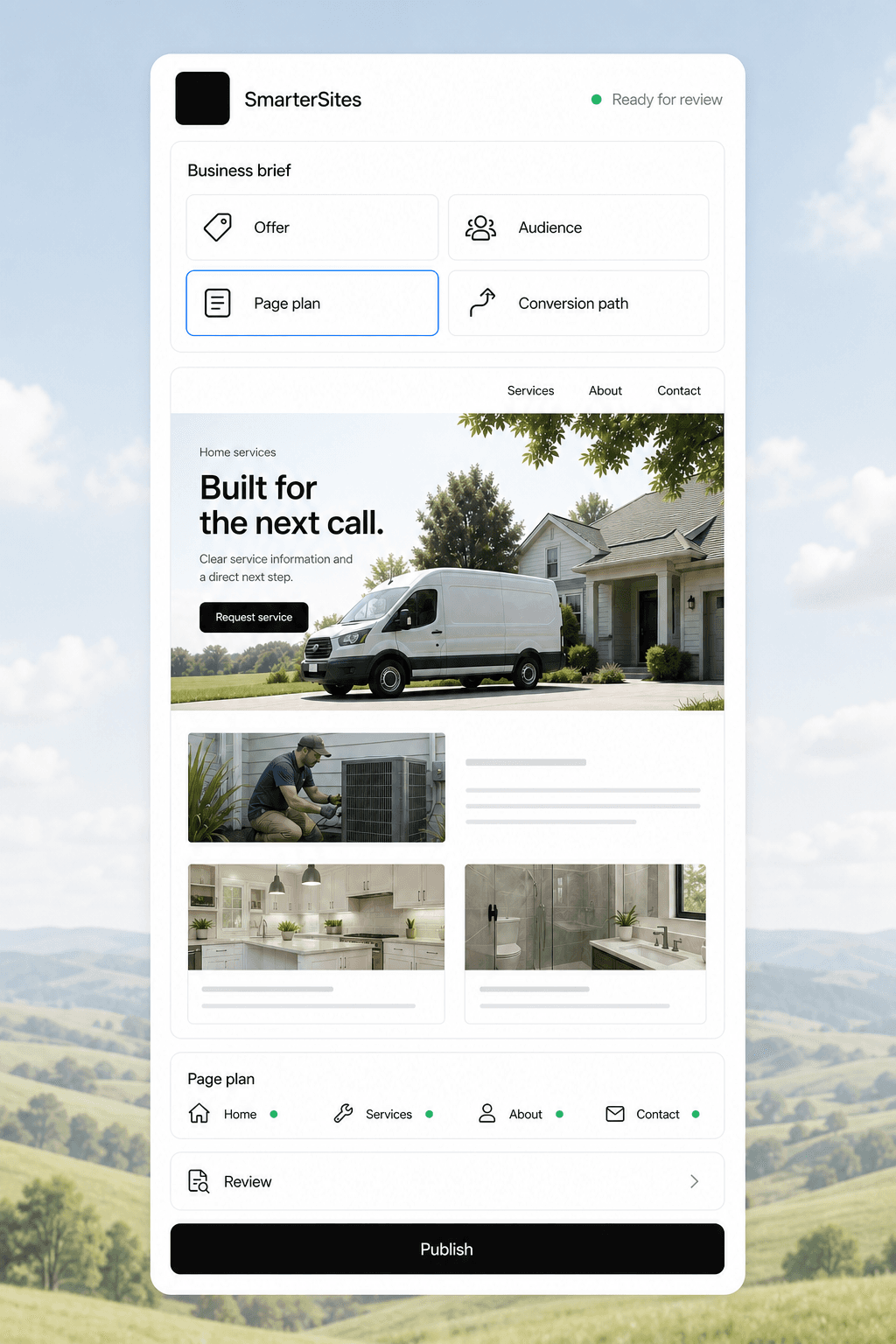SmarterSites workspace turning a business brief into a reviewed home-services website and page plan
