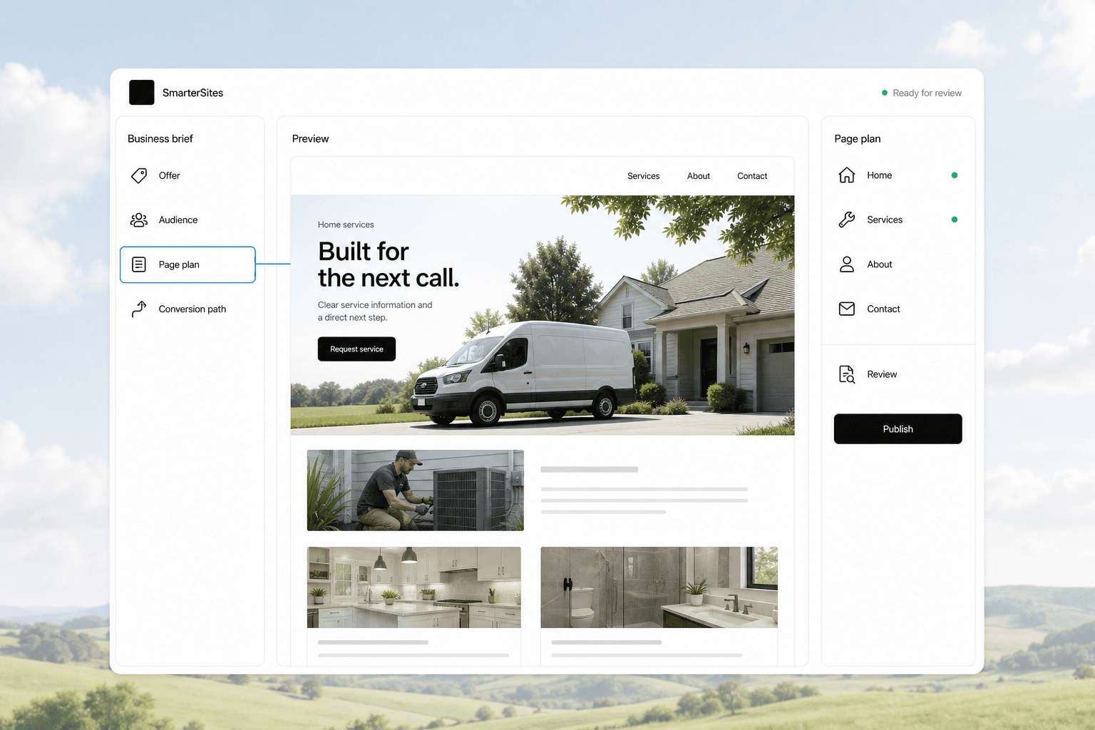 SmarterSites workspace turning a business brief into a reviewed home-services website and page plan