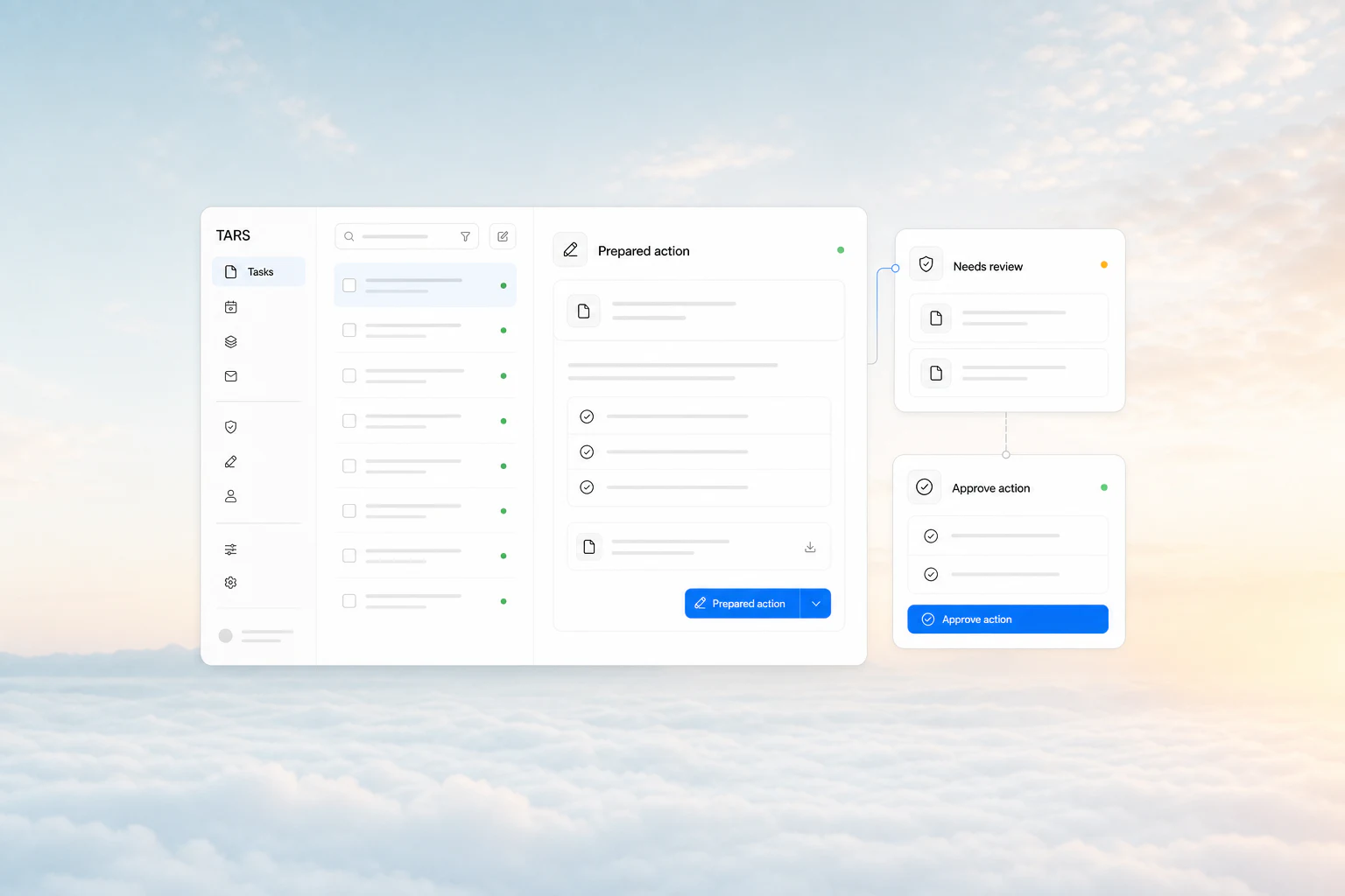 TARS operator workspace preparing a task for human review and approval