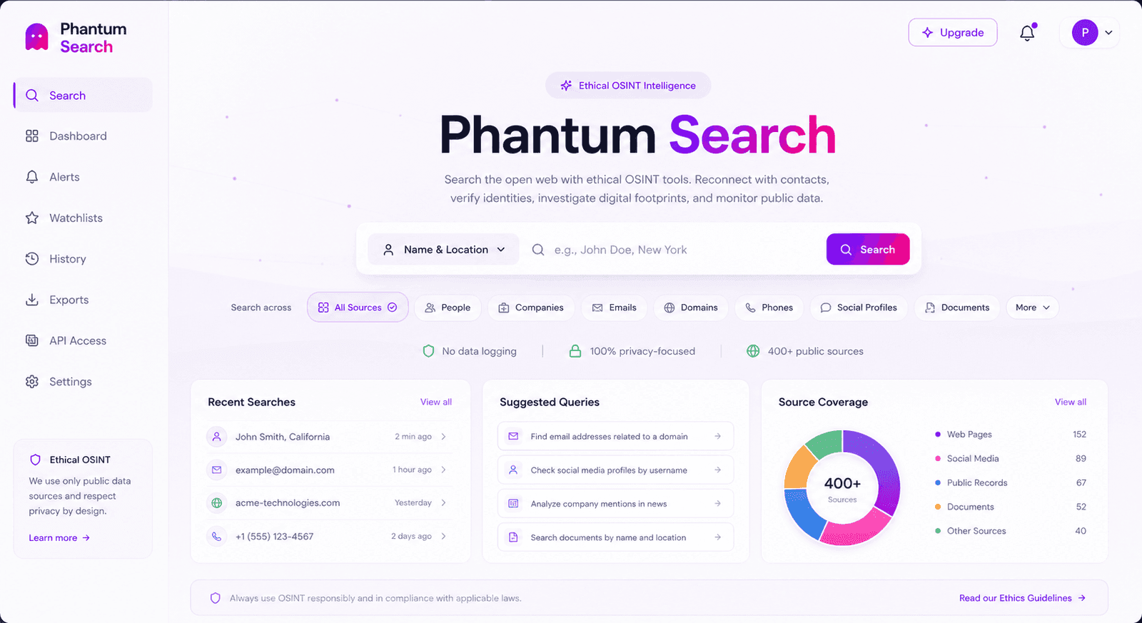 Phantum Search product interface