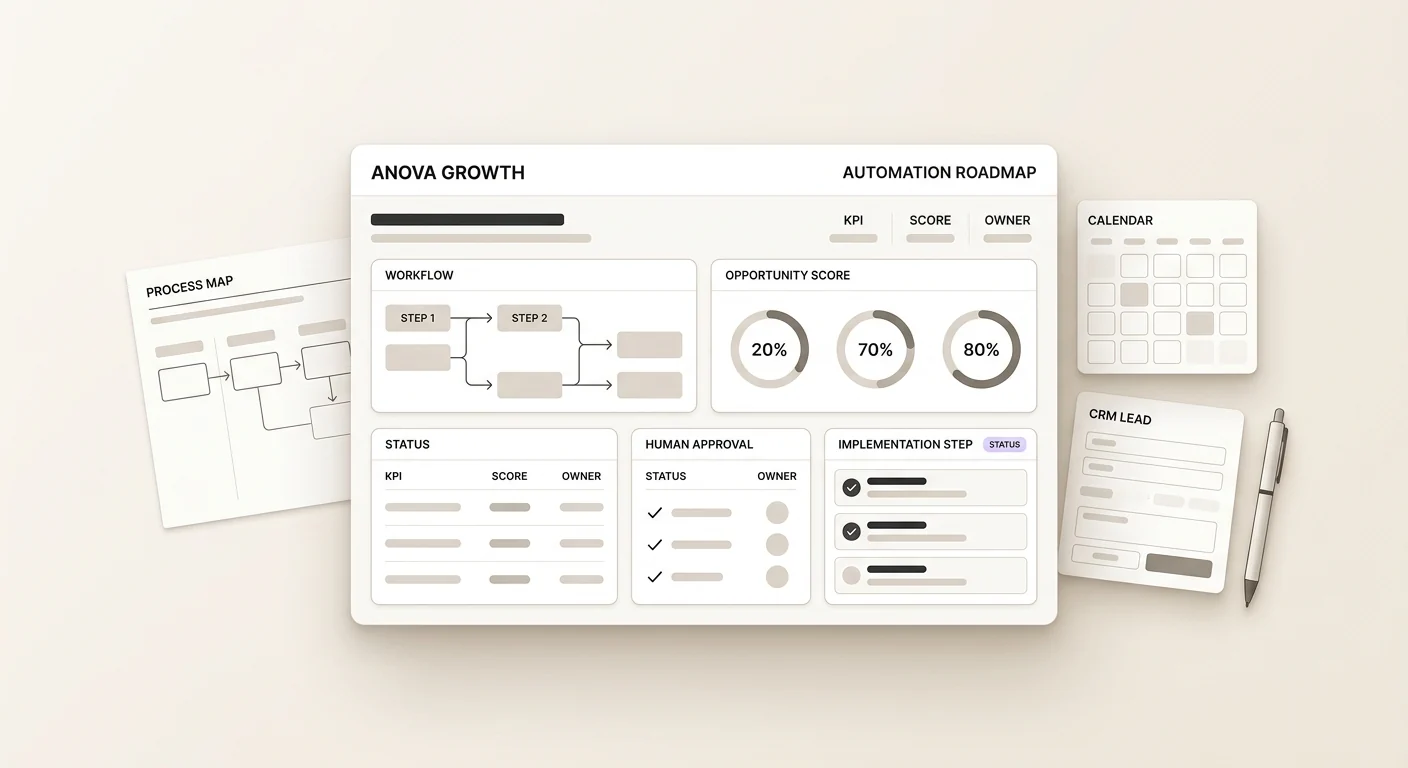 AnovaGrowth light-mode automation roadmap dashboard for AI consulting
