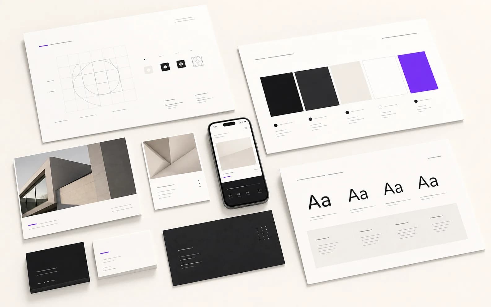 Light editorial legal brand identity system with printed brand guide, typography cards, color palette, and phone website preview.