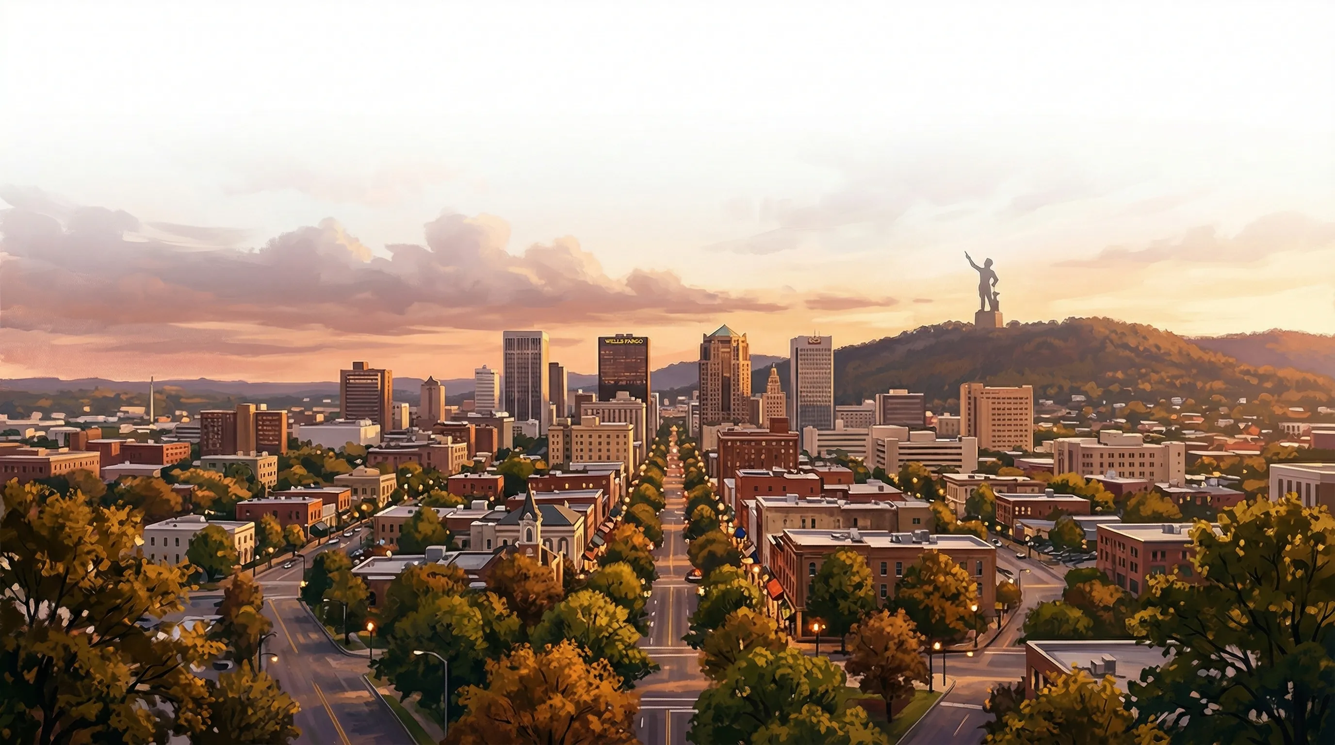 Illustration of downtown Birmingham, Alabama, with the Vulcan statue on the ridge behind the city
