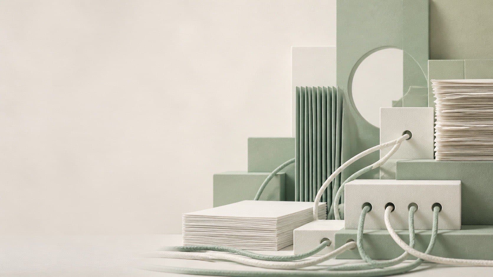 Paper stacks and connected cords arranged in a pale green workspace
